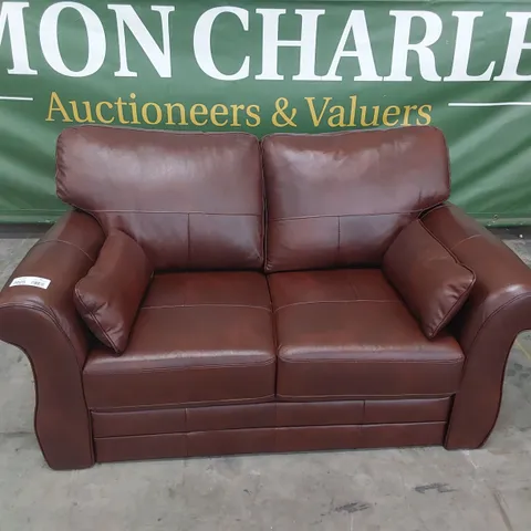 DESIGNER TWO SEATER SOFA CHESTNUT LEATHER WITH BOLSTER CUSHIONS