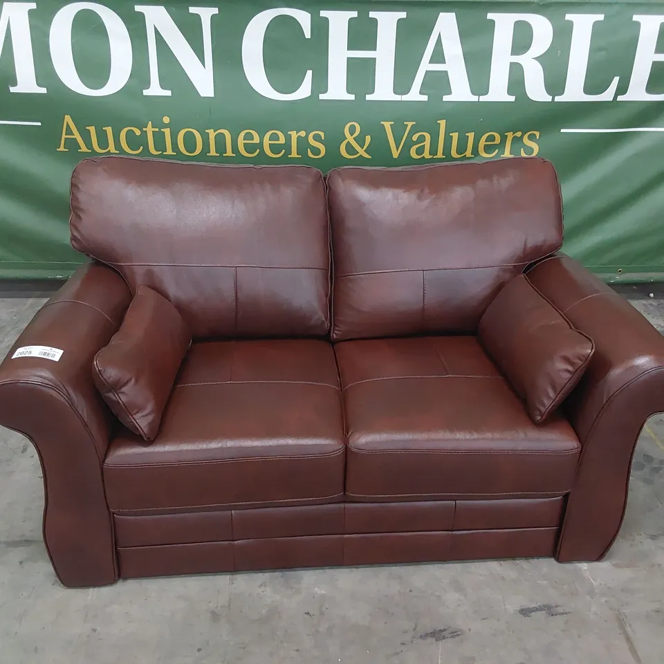 DESIGNER  TWO SEATER SOFA CHESTNUT LEATHER WITH BOLSTER CUSHIONS 