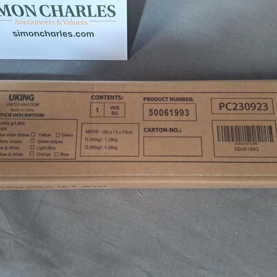 BOXED AS NEW 1.6M BEACH UMBRELLA - BLUE/WHITE STRIPES