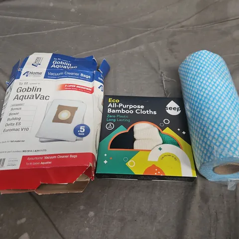 LARGE BOX OF APPROX 10 ASSORTED HOUSEHOLD ITEMS TO INCLUDE GOBLIN AQUAVAC VACUUM CLEANER BAGS , BAMBOO CLOTH,  BLUE CLEANING CLOTH ROLL - COLLECTION ONLY 