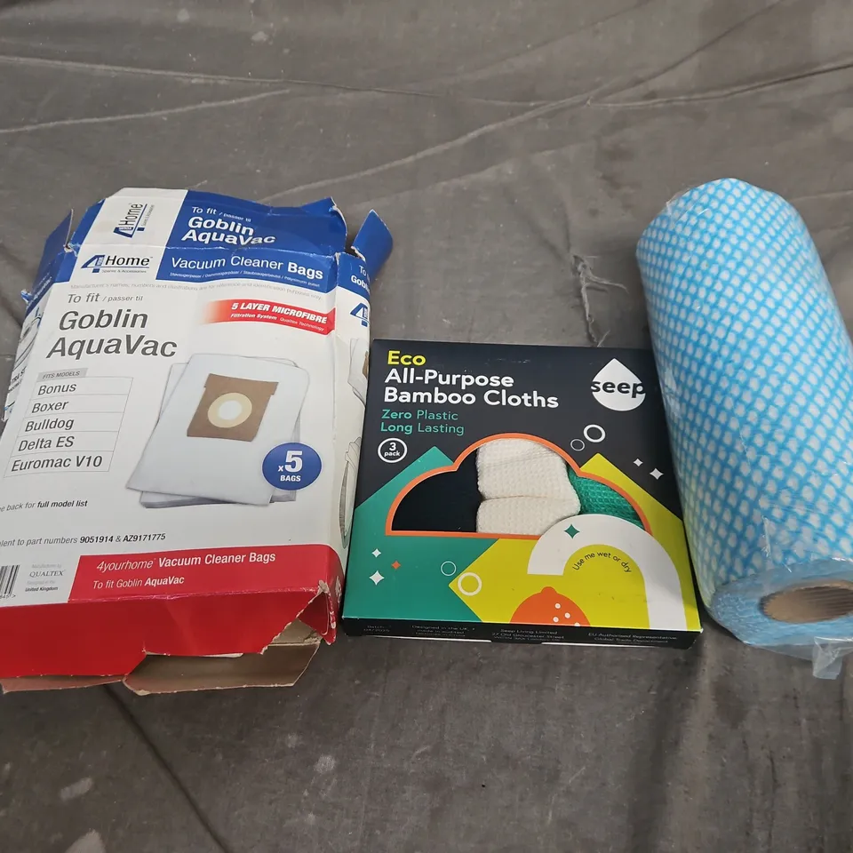 LARGE BOX OF APPROX 10 ASSORTED HOUSEHOLD ITEMS TO INCLUDE GOBLIN AQUAVAC VACUUM CLEANER BAGS , BAMBOO CLOTH,  BLUE CLEANING CLOTH ROLL - COLLECTION ONLY 