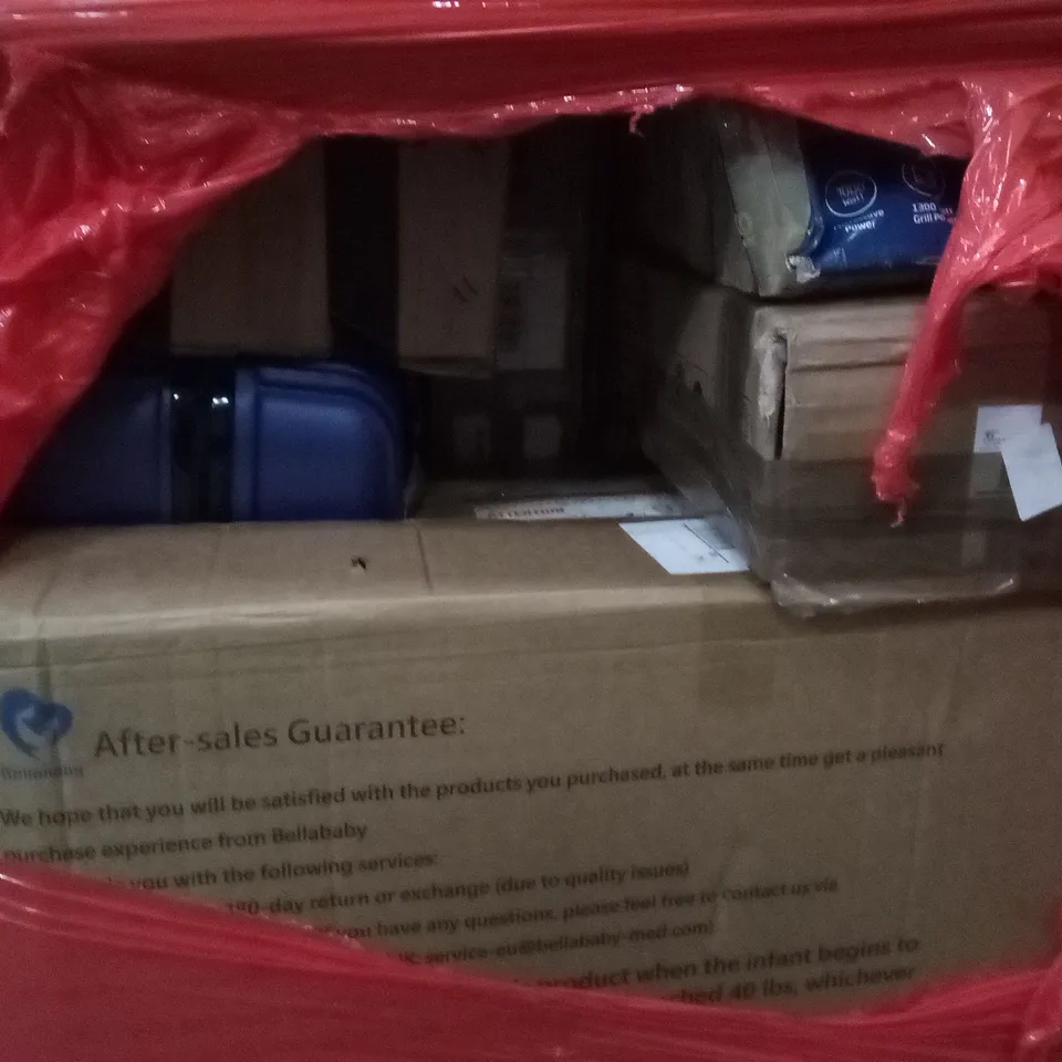 PALLET OF ASSORTED ITEMS INCLUDING MASTER CANOPY COMPACT CANOPY, SUITCASE, MICROWAVE OVEN, 4×6 INCH BELT DISC SANDER