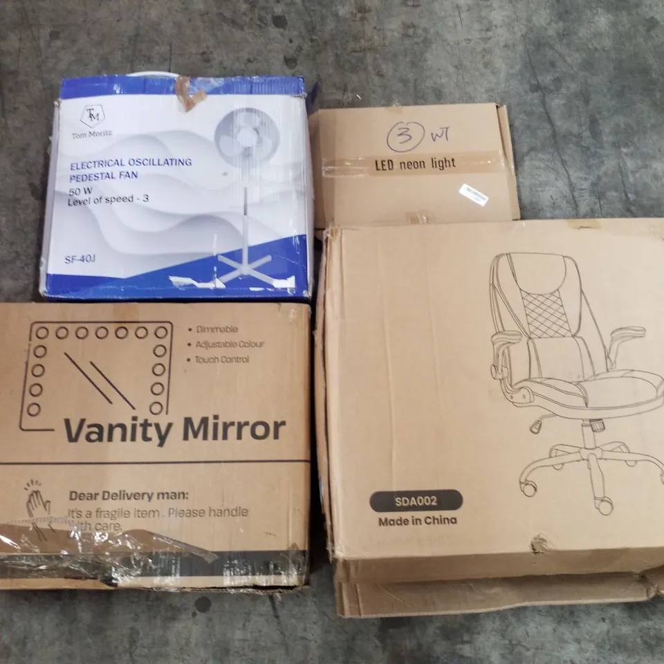 PALLET OF ASSORTED PRODUCTS INCLUDING OFFICE CHAIR, VANITY MIRROR, OSCILLATING PEDESTAL FAN, LED NEON LIGHT, KIDS BIKE 