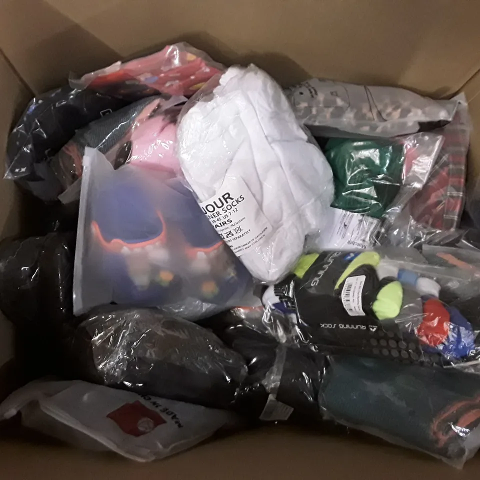 LARGE QUANTITY OF ASSORTED CLOTHING ITEMS TO INCLUDE SOCKS SHOES AND TOPS ECT