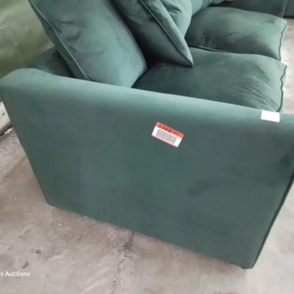 DESIGNER KNEELAND TWO SEATER SOFA WITH SCATTER CUSHIONS GREEN PLUSH FABRIC