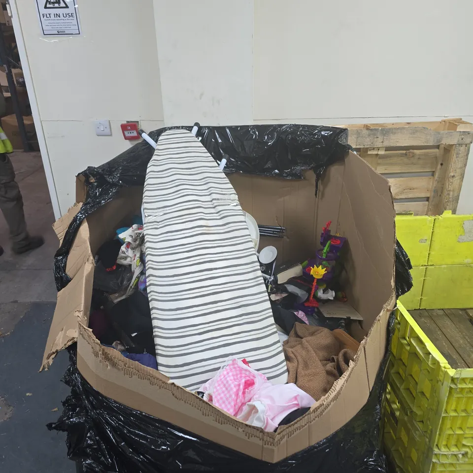 PALLET TO CONTAIN A LARGE ASSORTMENT OF HOUSEHOLD ITEMS TO INCLUDE AN IRONING BOARD, ETC - COLLECTION ONLY
