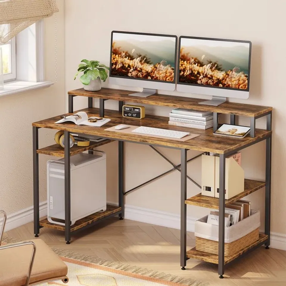 BOXED KINSLEE 55" COMPUTER DESK DARK BROWN OAK (1 BOX)