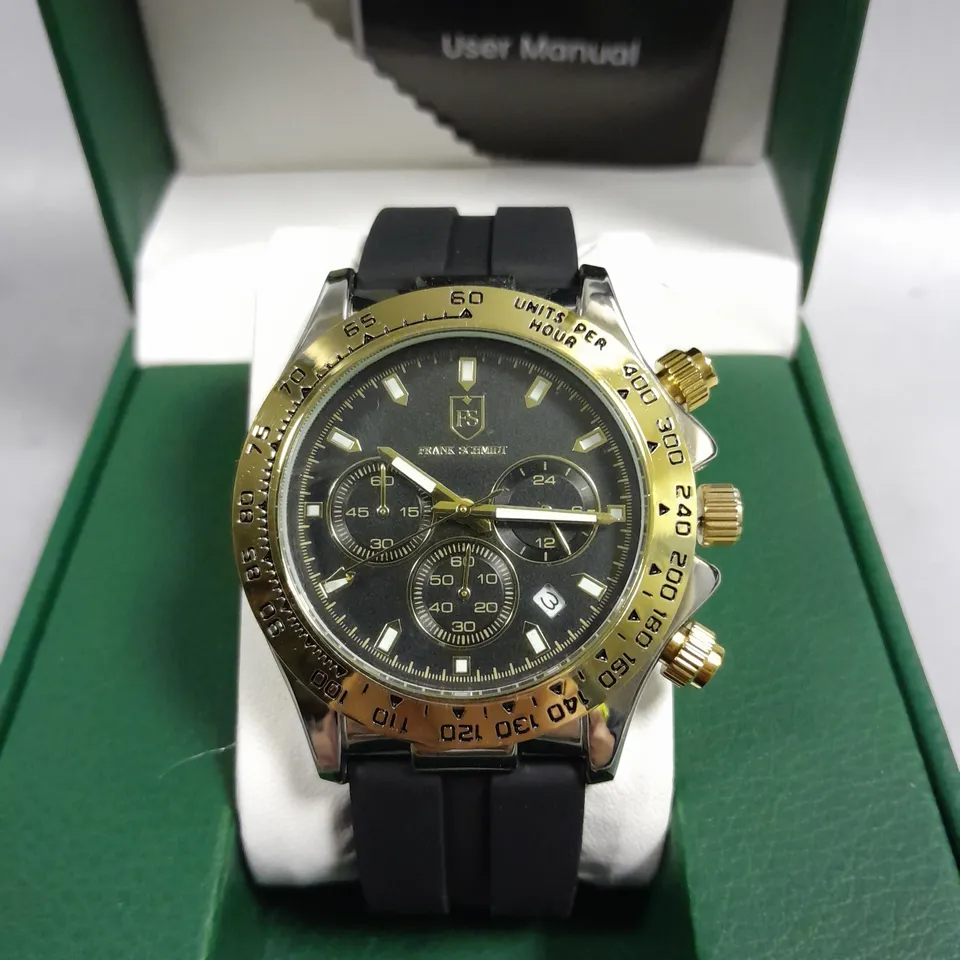 BOXED FRANK SCHMIDT WATCH MULTIFUNCTION BLACK DIAL WITH BLACK RUBBER STRAP