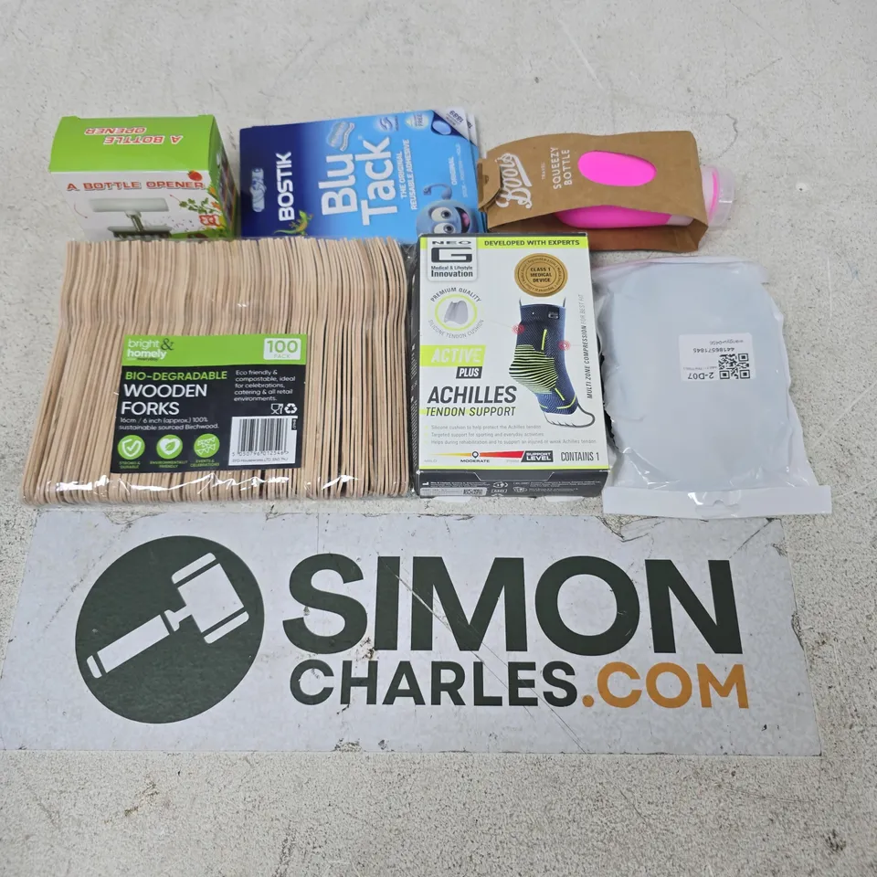APPROXIMATELY 14 ASSORTED HOUSEHOLD ITEMS TO INCLUDE WOODEN FORKS, NEO G ACHILLES TENDON SUPPORT, BLUTACK, ETC