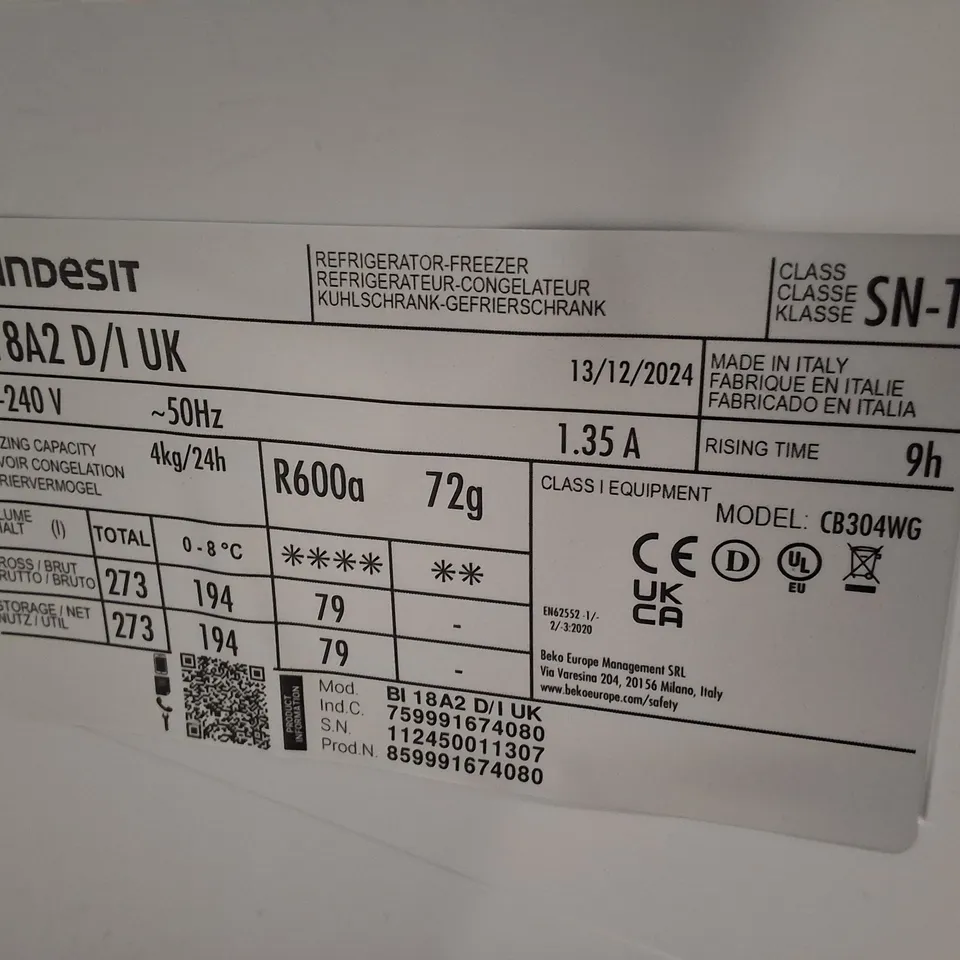 INDESIT LOW FROST BI 18A2 D/I UK INTEGRATED 70/30 FRIDGE FREEZER - SLIDING HINGE