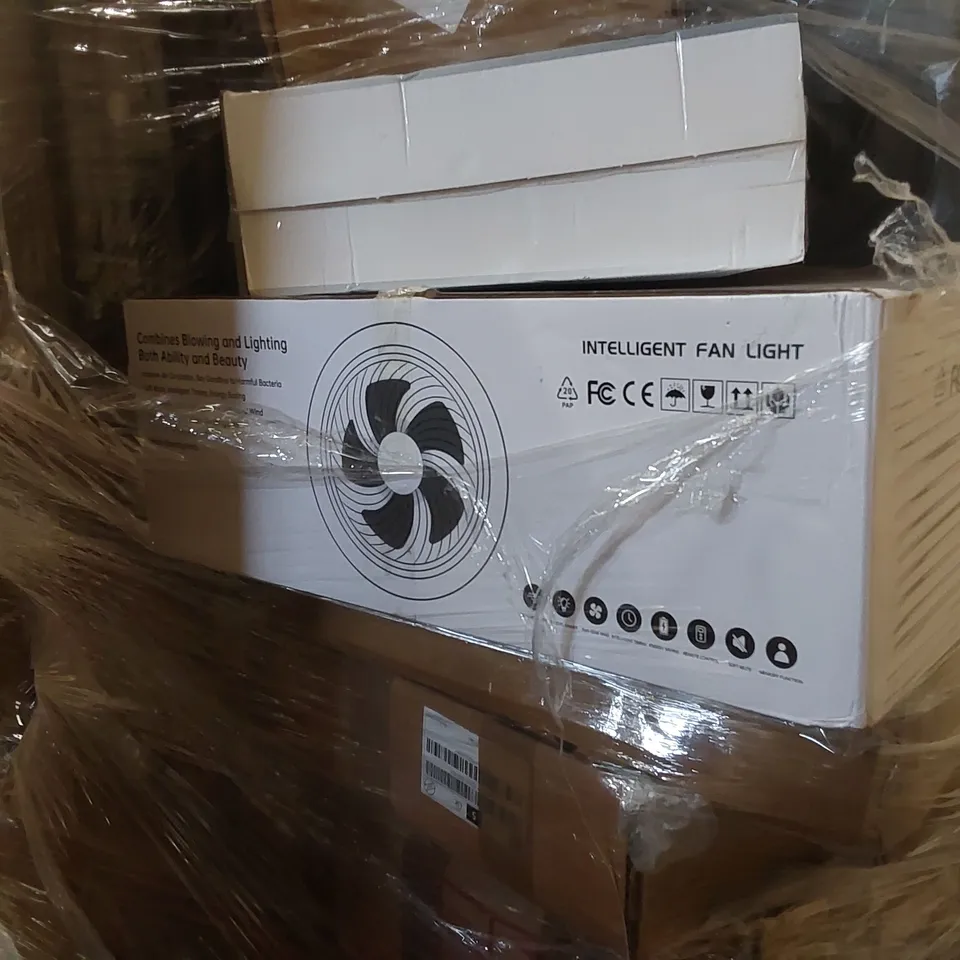 PALLET CONTAINING A LARGE ASSORTMENT OF CONSUMER PRODUCTS INCLUDING: INTELLIGENT FAN LIGHT, SINGLE STAR SINK WITH COUNTERTOP BOTTOM FRAME, PERGOLA, CHAIR PARTS ECT
