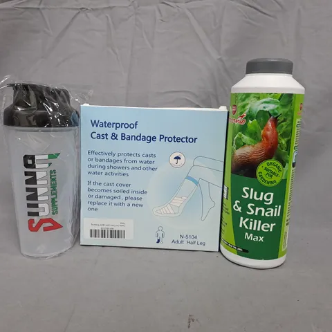 BOX OF APPROXIMATELY 10 ASSORTED HOUSEHOLD ITEMS TO INCLUDE WATERPROOF CAST & BANDAGE PROTECTOR, SLUG & SNAIL KILLER, ETC - COLLECTION ONLY