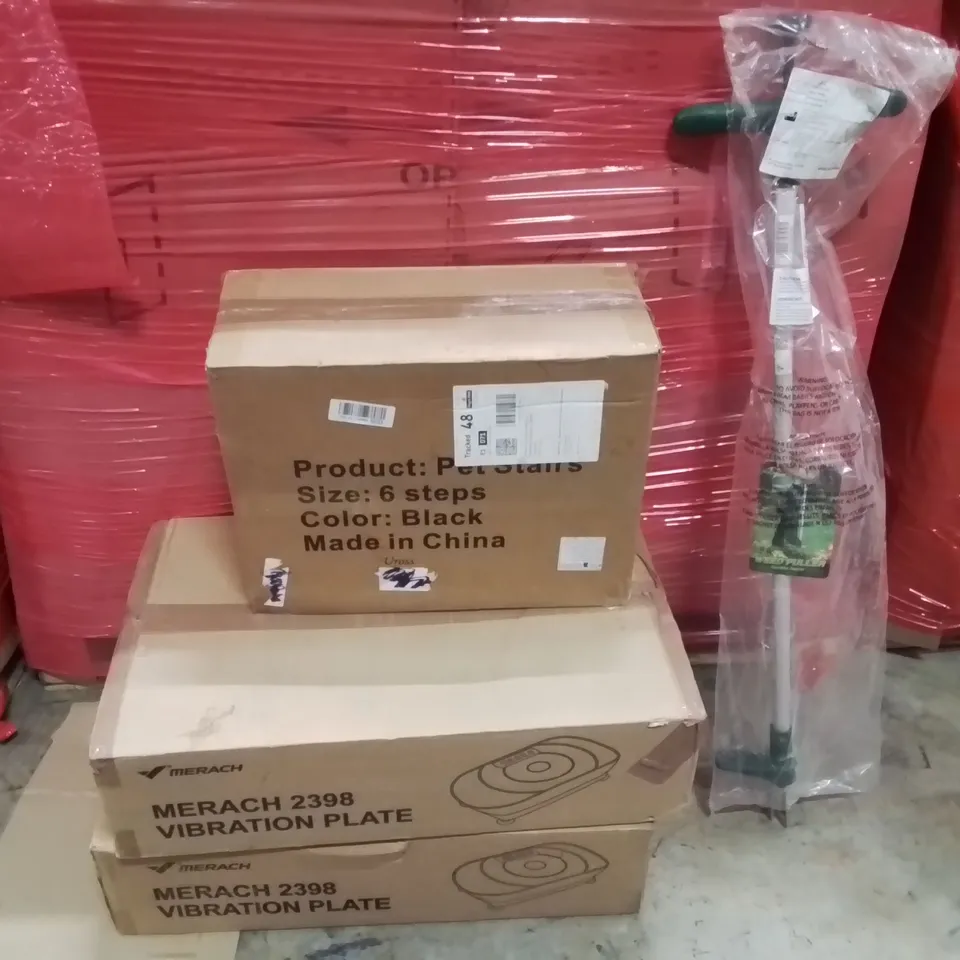 PALLET OF ASSORTED HOUSEHOLD GOODS AND PRODUCTS TO INCLUDE;PET STAIRS,VIBRATION PLATES,WEED PULLER