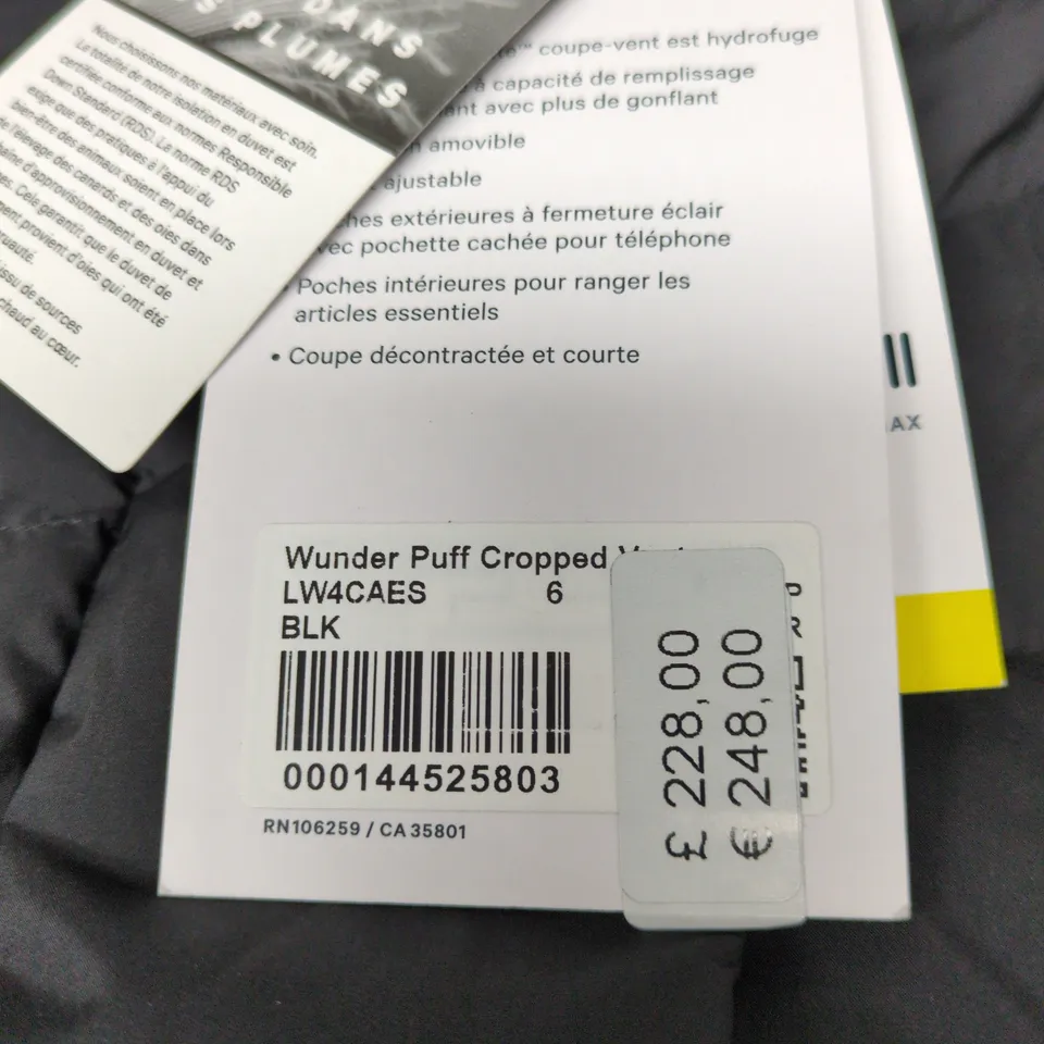 LULULEMON WUNDER PUFF CROPPED VEST BLACK SIZE 6 WITH TAGS