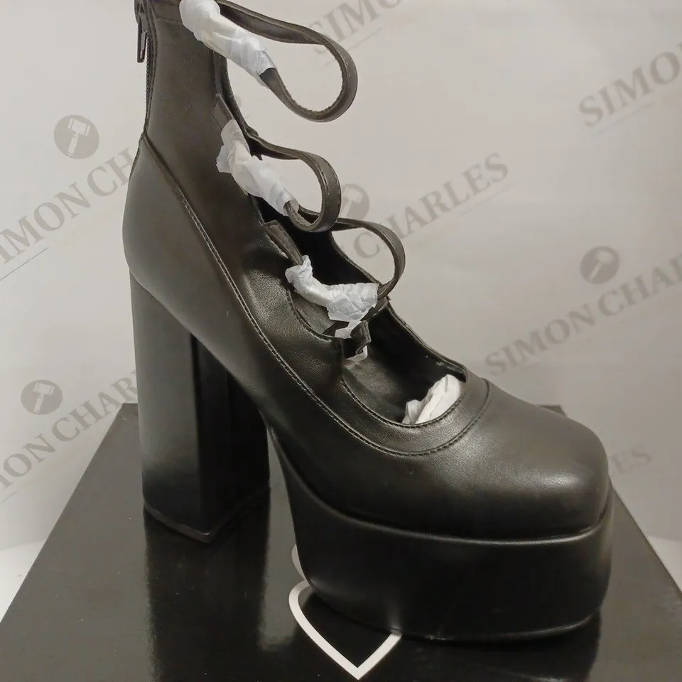 KOI VEGAN GURREN STRAPPY BLACK PLATFORM HEELS - SIZE 6