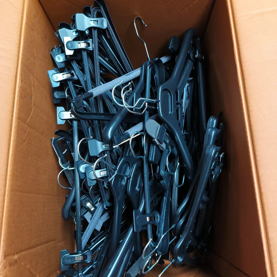 BOX OF APPROXIMATELY 30 BLACK PLASTIC CLOTHES HANGERS