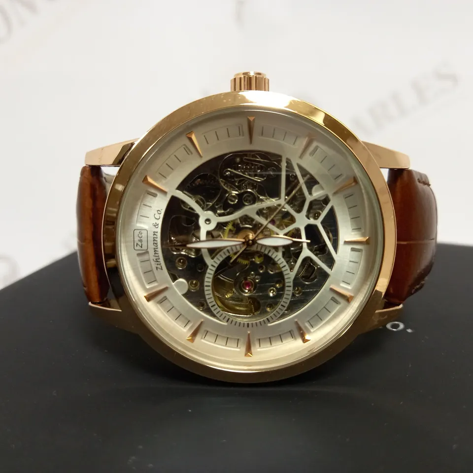 ZIHLMANN & CO SKELETON BROWN LEATHER STRAP WATCH