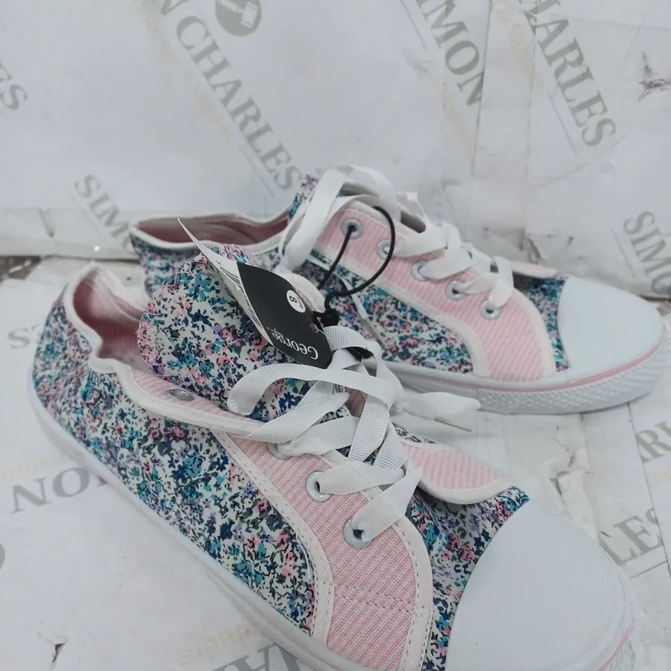 BOX OF APPROXIMATELY 15 PAIRS OF LOW SHELL TOE FLORAL SHOES SIZES VARY 