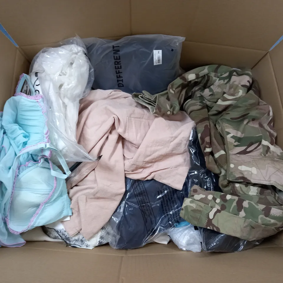 LARGE BOX OF ASSORTED CLOTHING ITEMS IN VARIOUS COLOURS AND SIZES INCLUDING TROUSERS , TOPS AND JUMPERS 