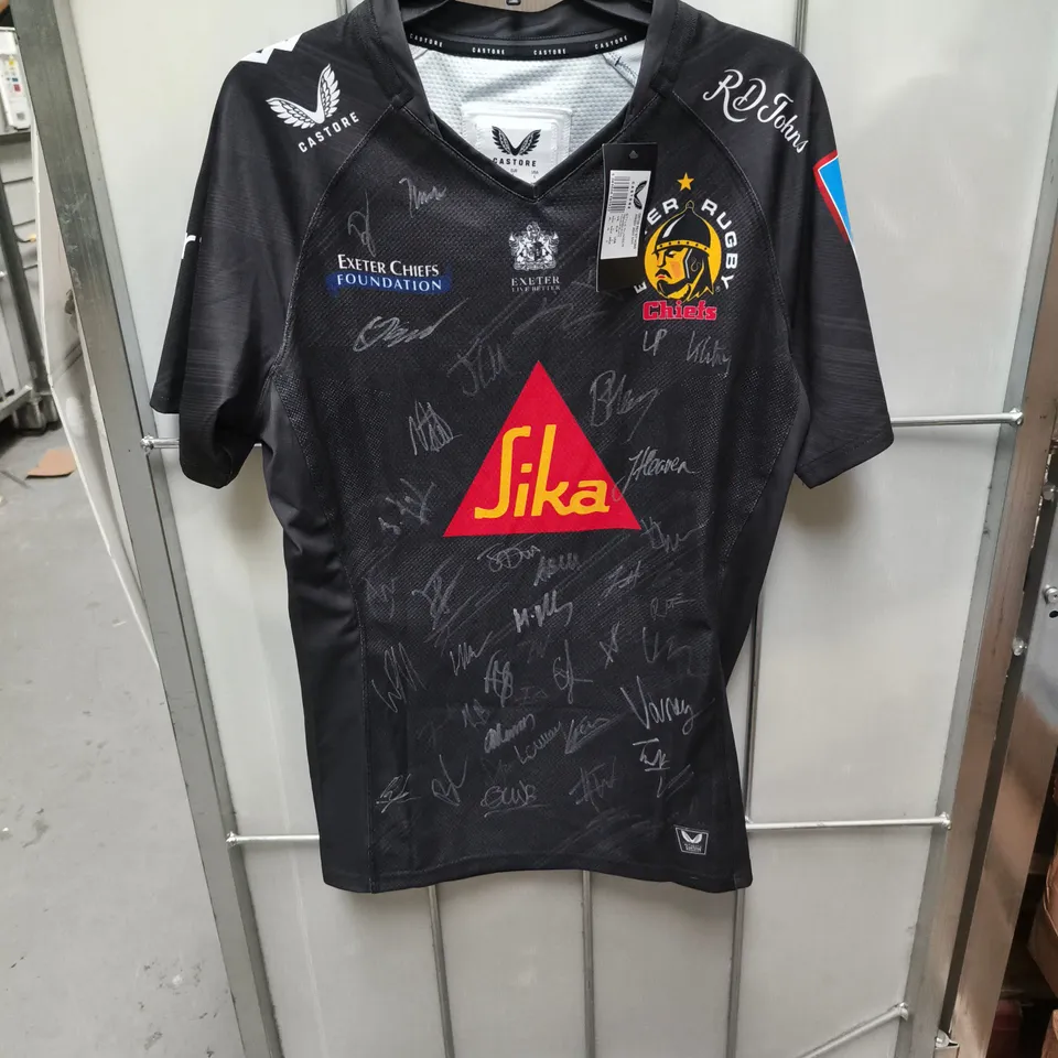EXETER CHIEFS RUGBY JERSEY – HOME SHIRT, CASTORE, BLACK, SIGNED, UK L