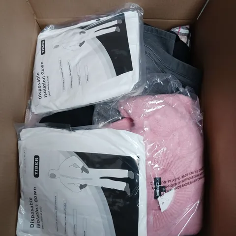 LARGE BOX OF APPROXIMATELY 20 ASSORTED CLOTHING ITEMS IN VARIOUS SIZES, STYLES AND COLOUR