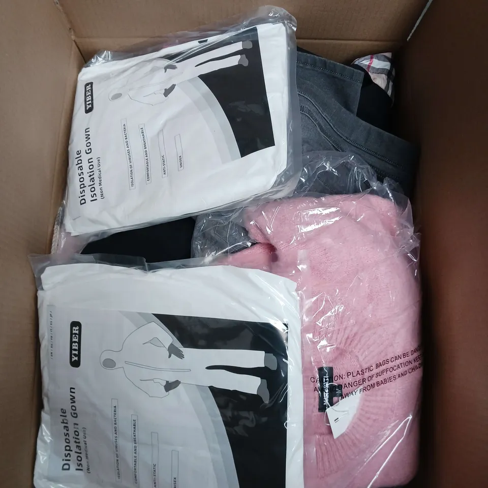 LARGE BOX OF APPROXIMATELY 20 ASSORTED CLOTHING ITEMS IN VARIOUS SIZES, STYLES AND COLOUR 