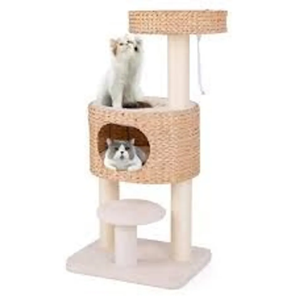 BOXED MODERN CAT TOWER WITH TOP PERCH AND REMOVABLE CUSHION-NATURAL