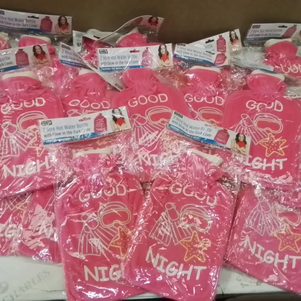 BOX CONTAINING APPROXIMATELY 20 BAGGED AND SEALED 2 LITRE HOT WATER BOTTLES WITH GLOW IN THE DARK COVER