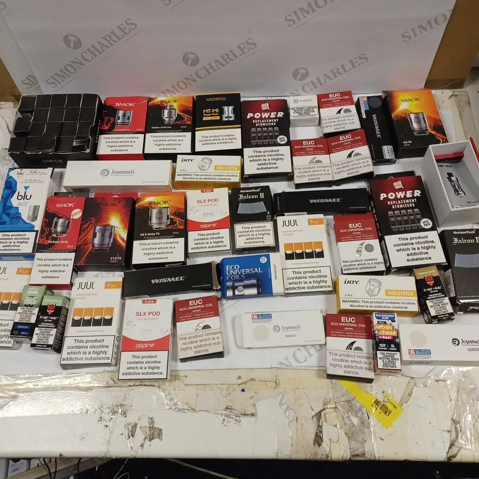 LOT OF APPROXIAMTELY 20 E-CIGARETTE ACCESSORIES AND PARTS TO INCLUDE SMOK V8-T8 3PCS, JUUL MANGO NECTAR JUUL PODS, AND SLX POD ARTIC WATER MELON 2.0ML ETC.