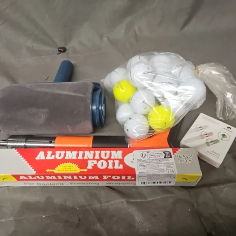 APPROXIMATELY 12 ASSORTED HOUSEHOLD ITEMS TO INCLUDE GOLFBALLS, ALUMINIUM FOIL, PAINT ROLLER, ETC