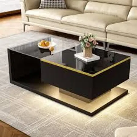 BOXED HIGH-GLOSS BLACK COFFEE TABLE WITH TEMPERED GLASS TOP AND LED LIGHTING, TEA TABLE PERFECT FOR MODERN ELEGANCE - BLACK (1 BOX)
