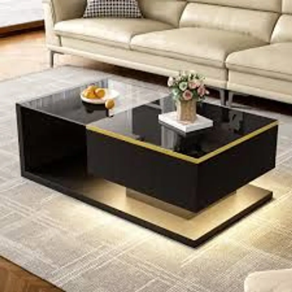 BOXED HIGH-GLOSS BLACK COFFEE TABLE WITH TEMPERED GLASS TOP AND LED LIGHTING, TEA TABLE PERFECT FOR MODERN ELEGANCE - BLACK (1 BOX)
