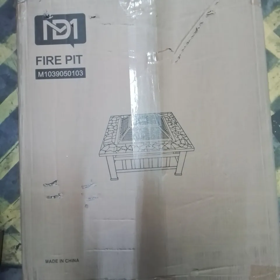 A BOXED METAL MOSAIC SURROUND FIRE PIT