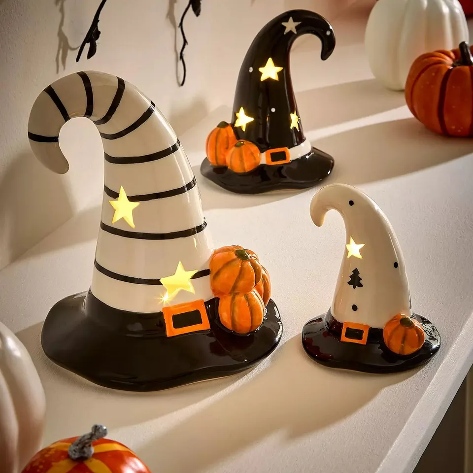 SET OF 3 CERAMIC HAT LIGHT HALLOWEEN DECORATIONS