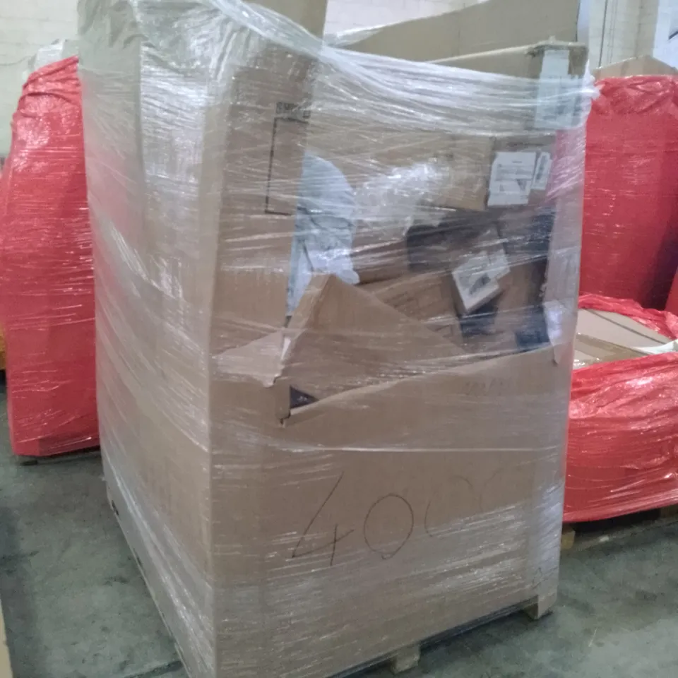 PALLET OF ASSORTED ITEMS INCLUDING 9FT 8RIBS FRILLS PATIO UMBRELLA, BASSINET AND BEDSIDE SLEEPER, MEMORY FOAM MATTRESS TOPPER, BORWART CHALK BOARD 