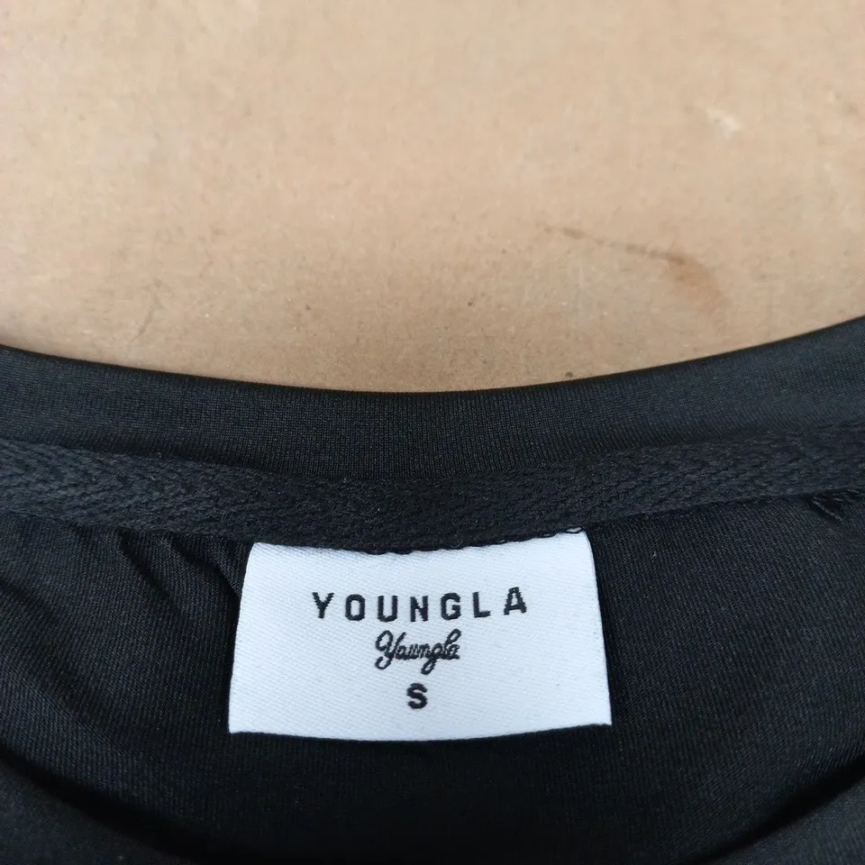 YOUNGLA T-SHIRT – BLACK WITH GREY PANEL, CHEST GRAPHIC, SIZE S