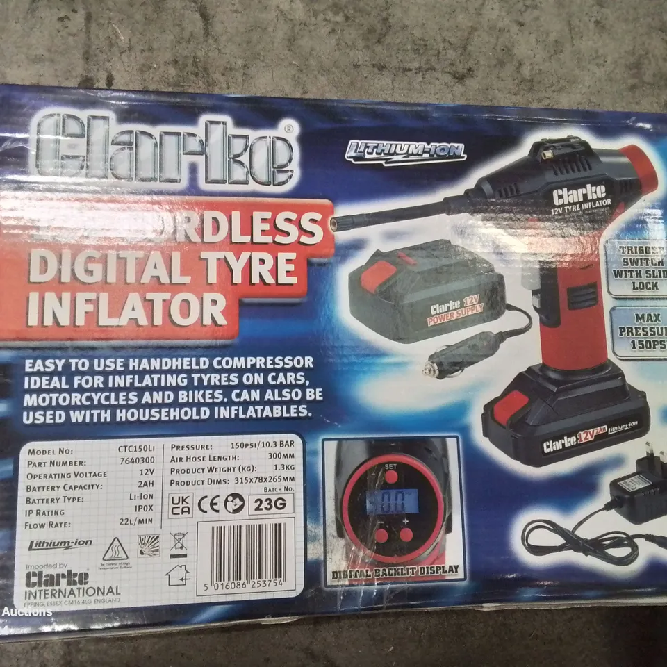 BOXED CLARKE 12V CORDLESS DIGITAL TYRE INFLATOR CTC150LI