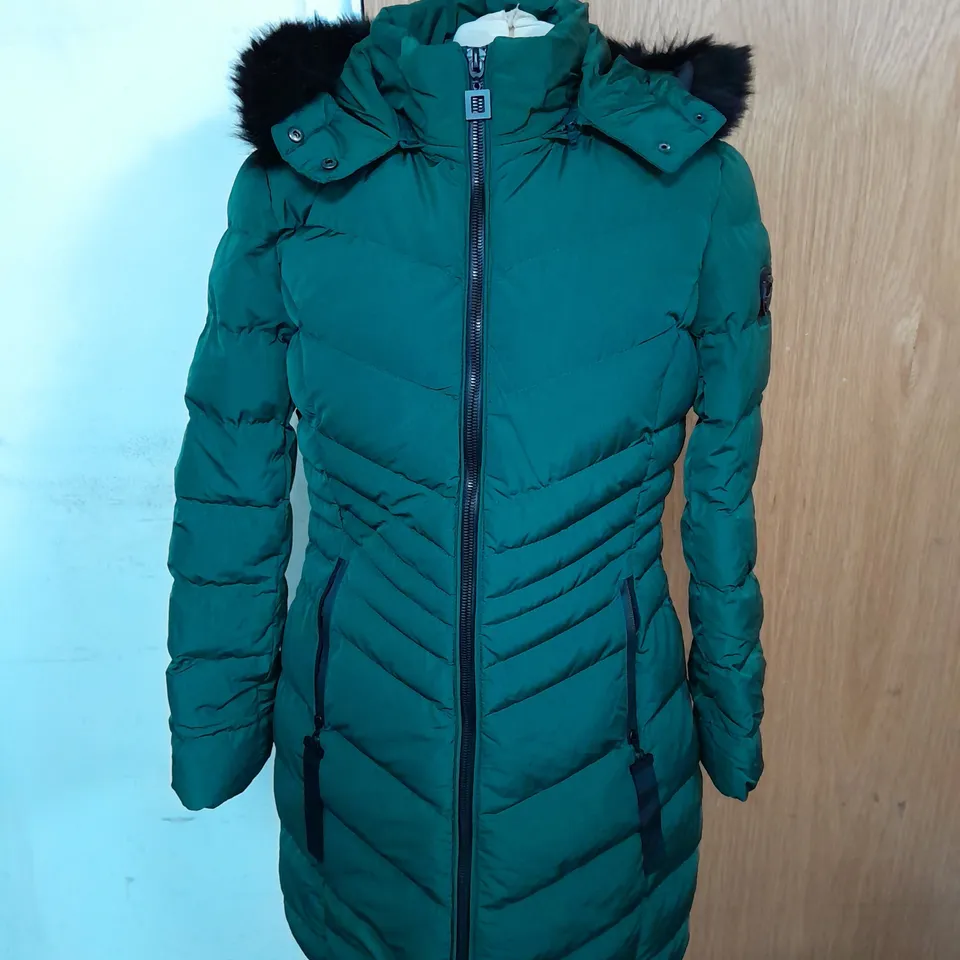 RUIMING PUDDED COAT IN DARK GREEN WITH BLACK FUR TRIM SIZE XS