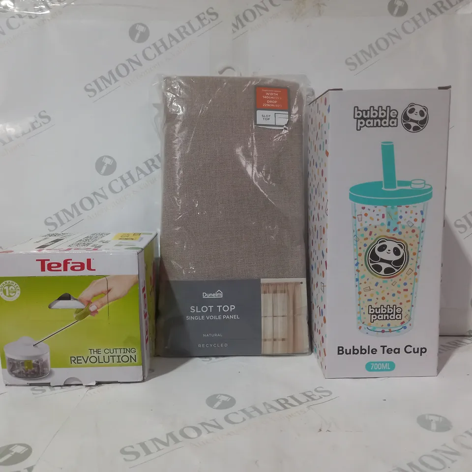 BOX OF APPROXIMATELY 20 ASSORTED HOUSEHOLD ITEMS TO INCLUDE BUBBLE TEA CUP, SLOT TOP SINGLE VOILE PANEL, ETC - COLLECTION ONLY