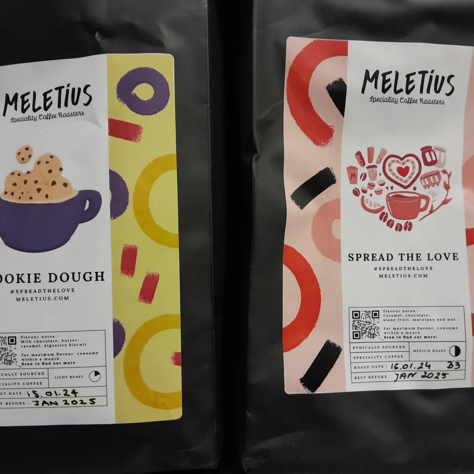 LOT OF 2 PACKS OF MELETIUS COFFEE INCLUDE COOKIE DOUGH AND SPREAD THE LOVE