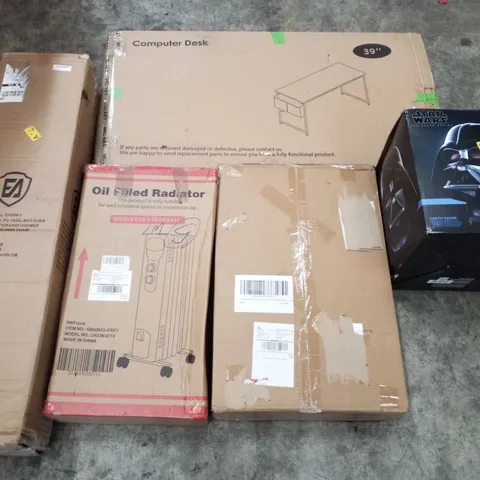 PALLET CONTAINING ASSORTED PRODUCTS INCLUDING FOLDING CHAIR, OIL FILLED RADIATOR, OVERBED TABLE WITH LOCKABLE, COMPUTER DESK & STAR WARS DARTH VADER PREMIUM ELECTRONIC HELMET