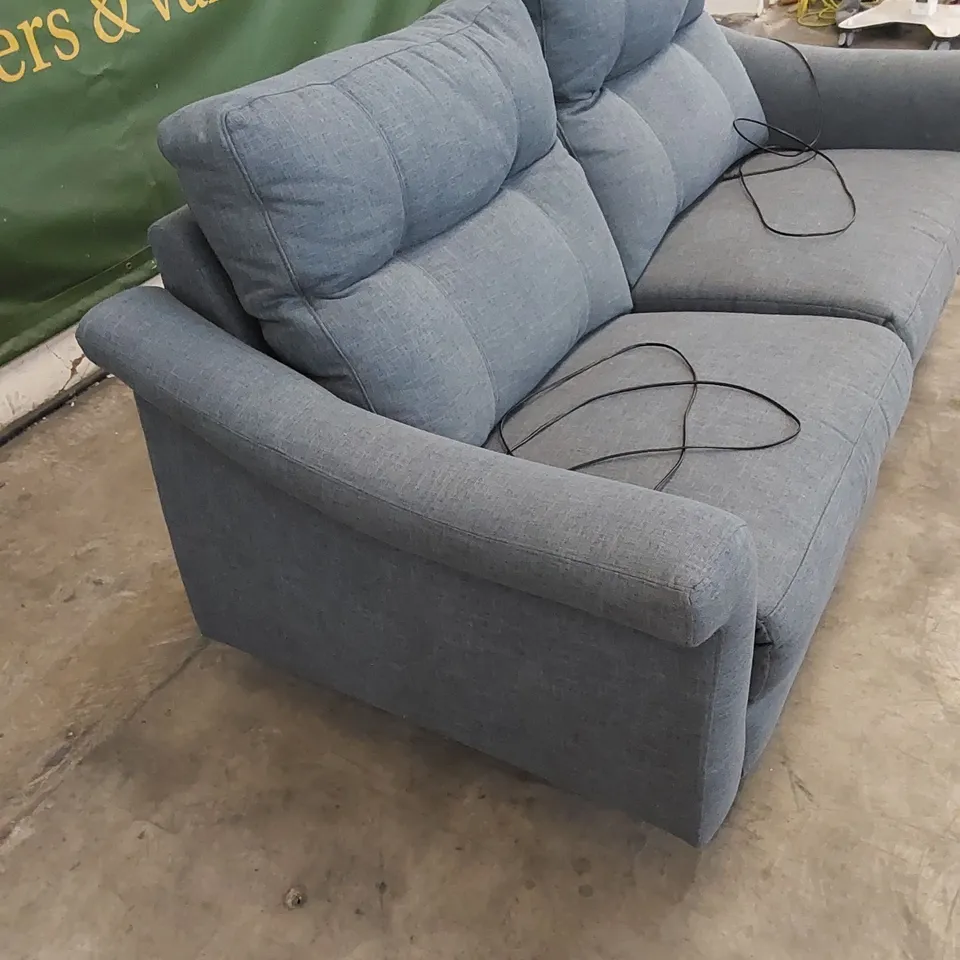QUALITY G PLAN DESIGNER FLAIR 3 SEATER ELECTRIC RECLINER SOFA 2-CUSHION IN OASIS MERCURY BLUE FABRIC