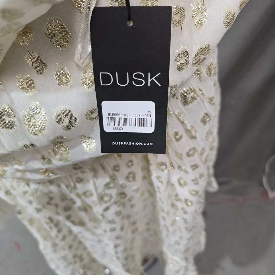 DUSK DRESS – WHITE & GOLD POLKA DOT, LACE-UP FRONT, WOMEN'S UK SIZE 14