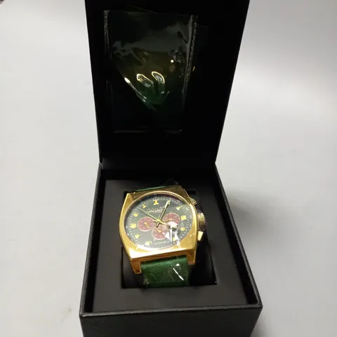 GAMAGES RETRO CALIBRE GOLD GREEN WATCH