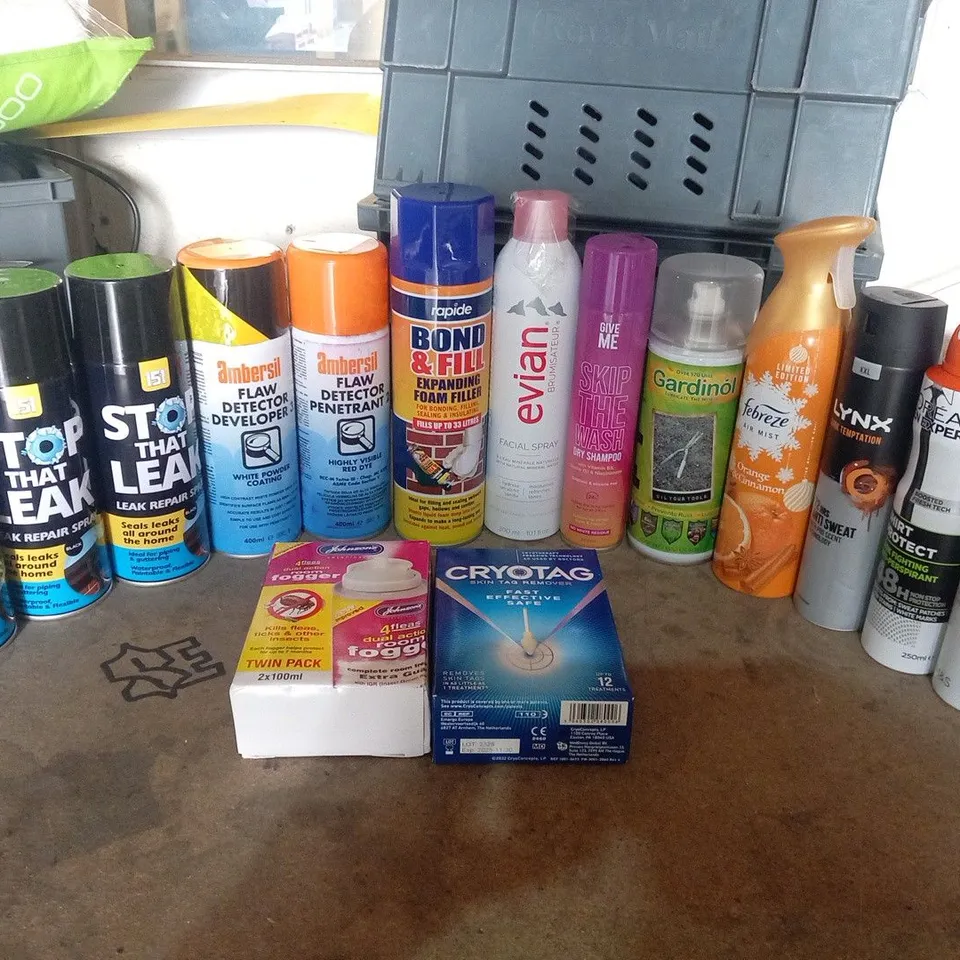 APPROXIMATELY 14 ASSORTED AEROSOL SPRAYS TO INCLUDE; RAPIDE, 151, EVIAN, LYNX AND ROOM MIST