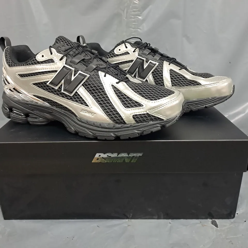 BOXED PAIR OF NEW BALANCE BSMNT SHOES IN BLACK/METALLIC SILVER SIZE UK 11
