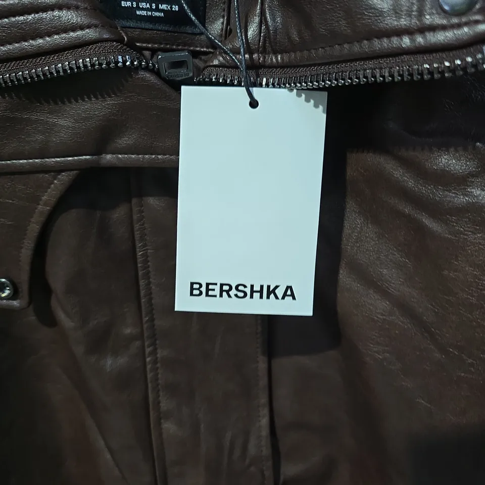 Bershka Brown Leather-Effect Biker Jacket – Size S (EU S)
