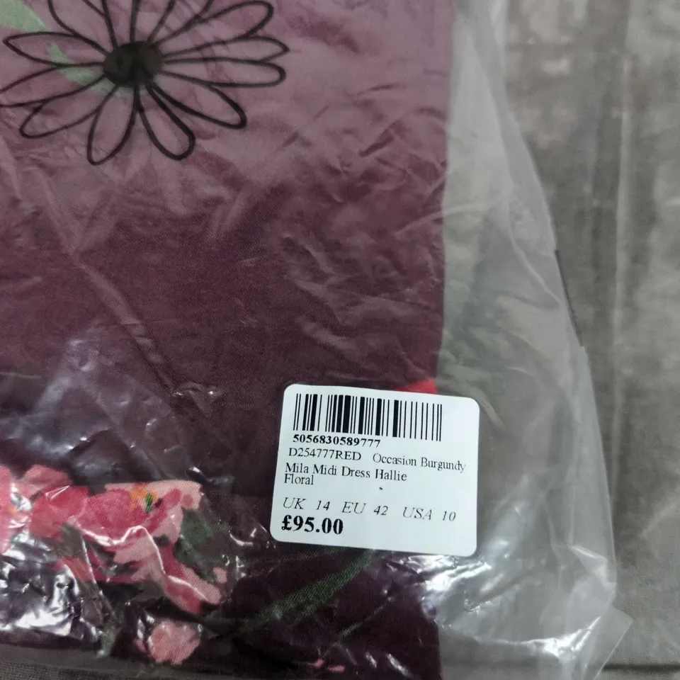 NOBODY'S CHILD MILA MIDI DRESS HALLIE FLORAL – BURGUNDY, SIZE 14