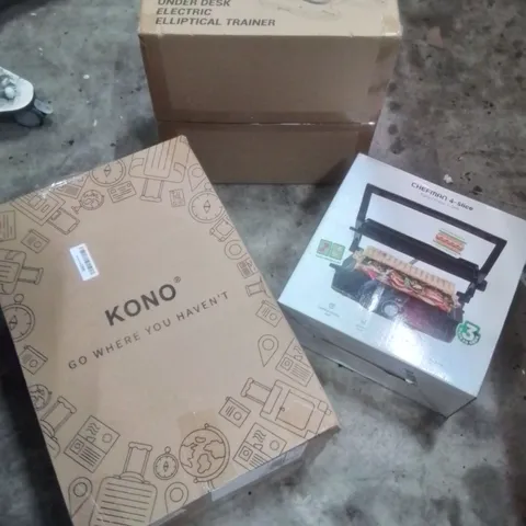 PALLET CONTAINING VARIOUS ASSORTED ITEMS TO INCLUDE:UNDER DESK ELECTRIC ELLIPTICAL TRAINER,SUITCASE, CHEFMAN 4 SLICE PRESS AND GRILL AND OTHER ASSORTED ITEMS...