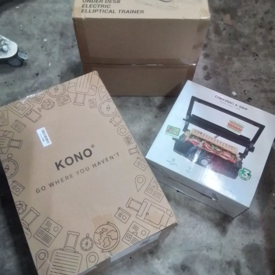 PALLET CONTAINING VARIOUS ASSORTED ITEMS TO INCLUDE:UNDER DESK ELECTRIC ELLIPTICAL TRAINER,SUITCASE, CHEFMAN 4 SLICE PRESS AND GRILL AND OTHER ASSORTED ITEMS...